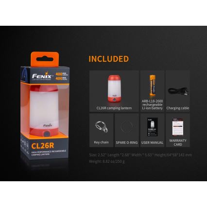 Fenix CL26RRED - LED Dimmerabile portatile ricaricabile lampada LED/USB/2xCR123A IP66 400 lm 400 h 2600 mAh arancione