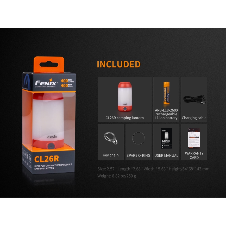Fenix CL26RRED - LED Dimmerabile portatile ricaricabile lampada LED/USB/2xCR123A IP66 400 lm 400 h 2600 mAh arancione