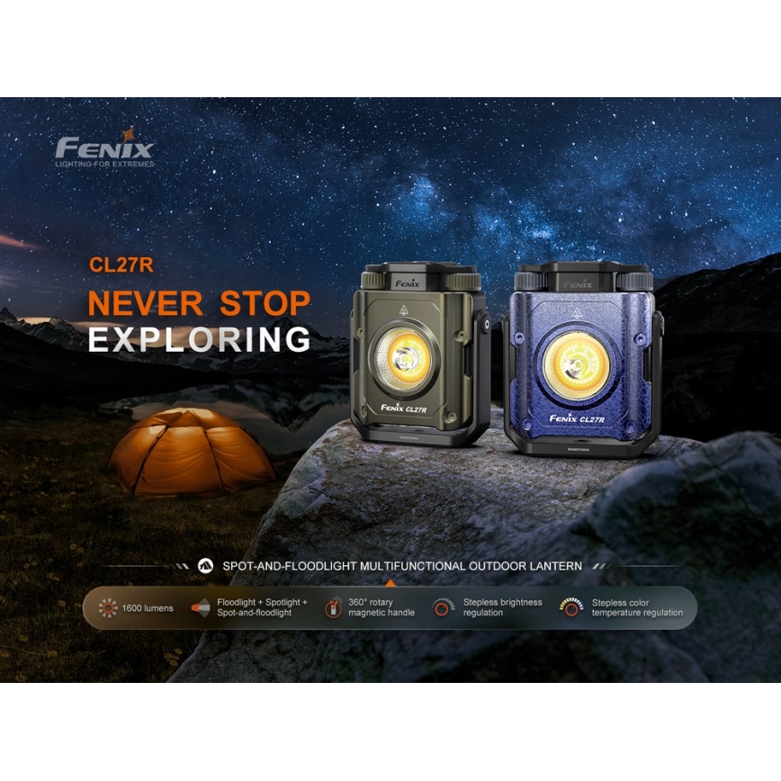 Fenix CL27RGRE - Luce LED dimmerabile ricaricabile LED/USB IP66 1600 brillantezza 285 h