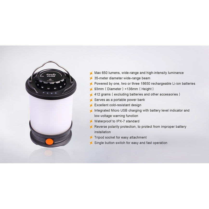 Fenix CL30R - Lampada portatile ricaricabile a LED LED/USB/6xCR123A IPX7 650 lm 300 h 2600 mAh