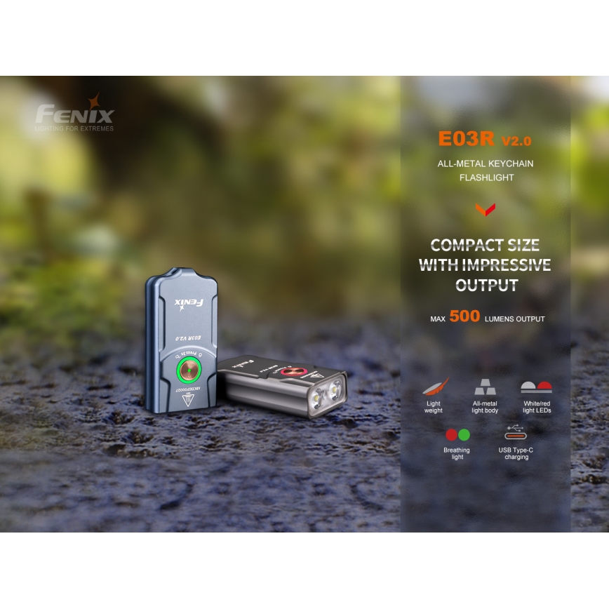 Fenix E03RV20BLU - Torcia LED ricaricabile LED/USB IP66 500 lm 30 h 400 mAh