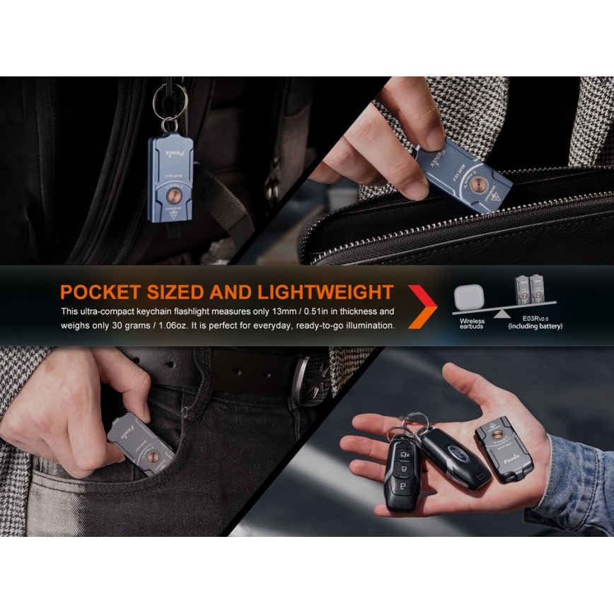 Fenix E03RV20BLU - Torcia LED ricaricabile LED/USB IP66 500 lm 30 h 400 mAh