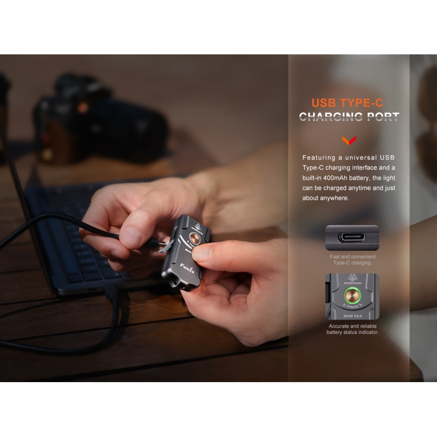 Fenix E03RV20GREY - Torcia LED ricaricabile LED/USB IP66 500 lucente 30 h 400 mAh
