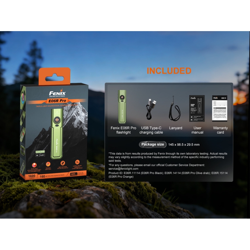 Fenix E06RPROEUOLI - Torcia ricaricabile LED dimmerabile, ricarica USB, 1650 mAh, IP66, 1600 lm, 111 h, verde