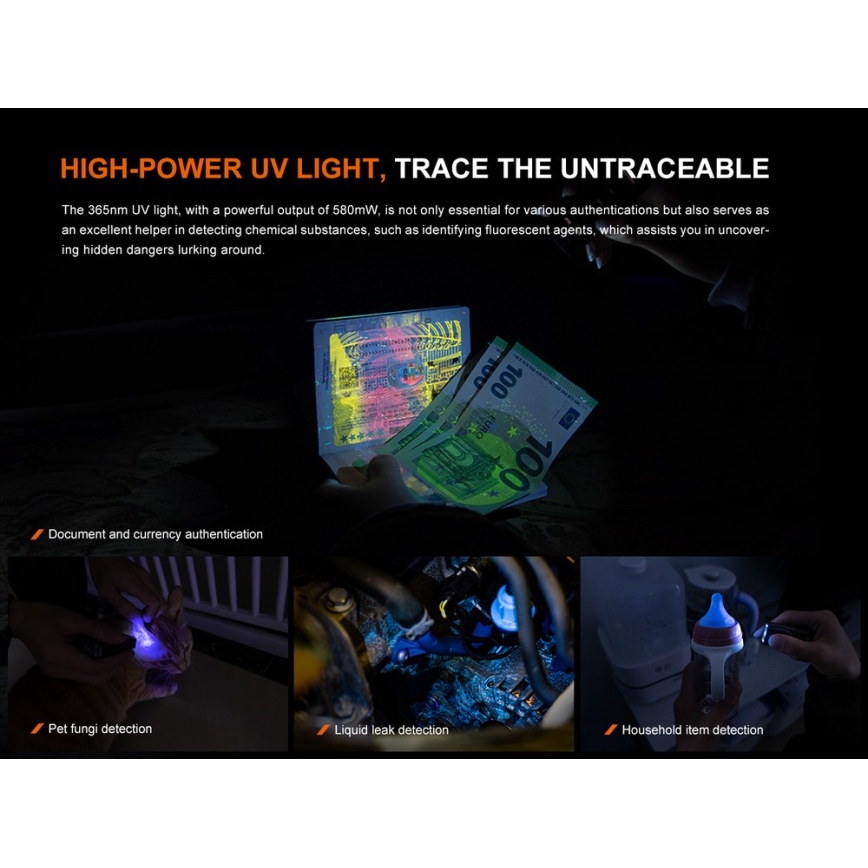 Fenix E06RTKS - Torcia elettrica ricaricabile dimmerabile a LED UV/USB IP66 700 luce 60 h turchese