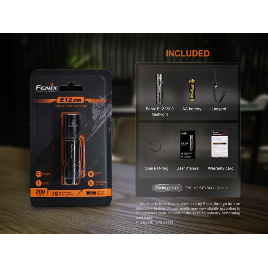 Fenix E12V30 - Torcia ricaricabile a LED a intensità regolabile 1xAA 2000 mAh IP68 200 lm 100 h nera