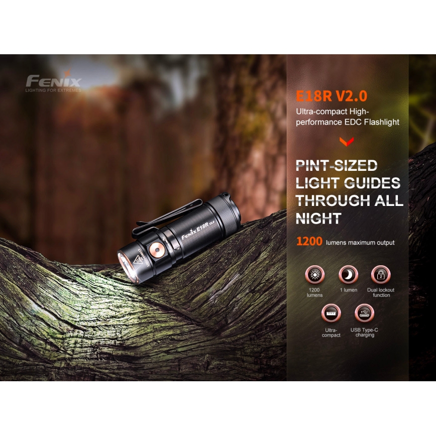 Fenix E18RV20800 - Torcia ricaricabile LED dimmerabile LED/USB/1xCR123A 800 mAh IP68 1200 lm 200 h nero