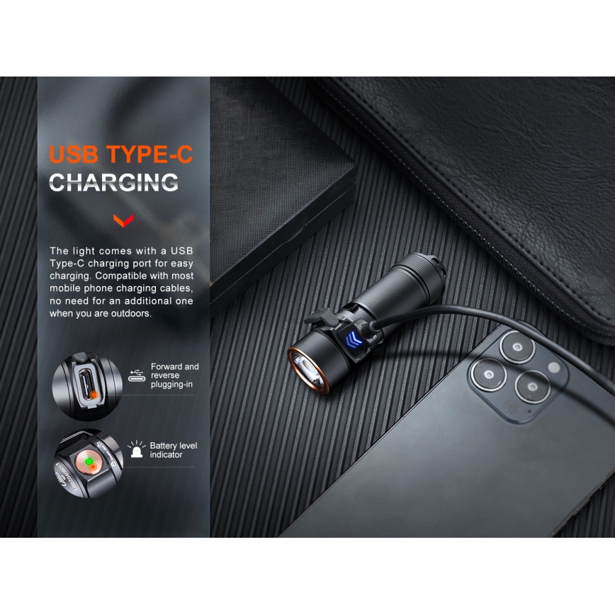 Fenix E18RV20800 - Torcia ricaricabile LED dimmerabile LED/USB/1xCR123A 800 mAh IP68 1200 lm 200 h nero