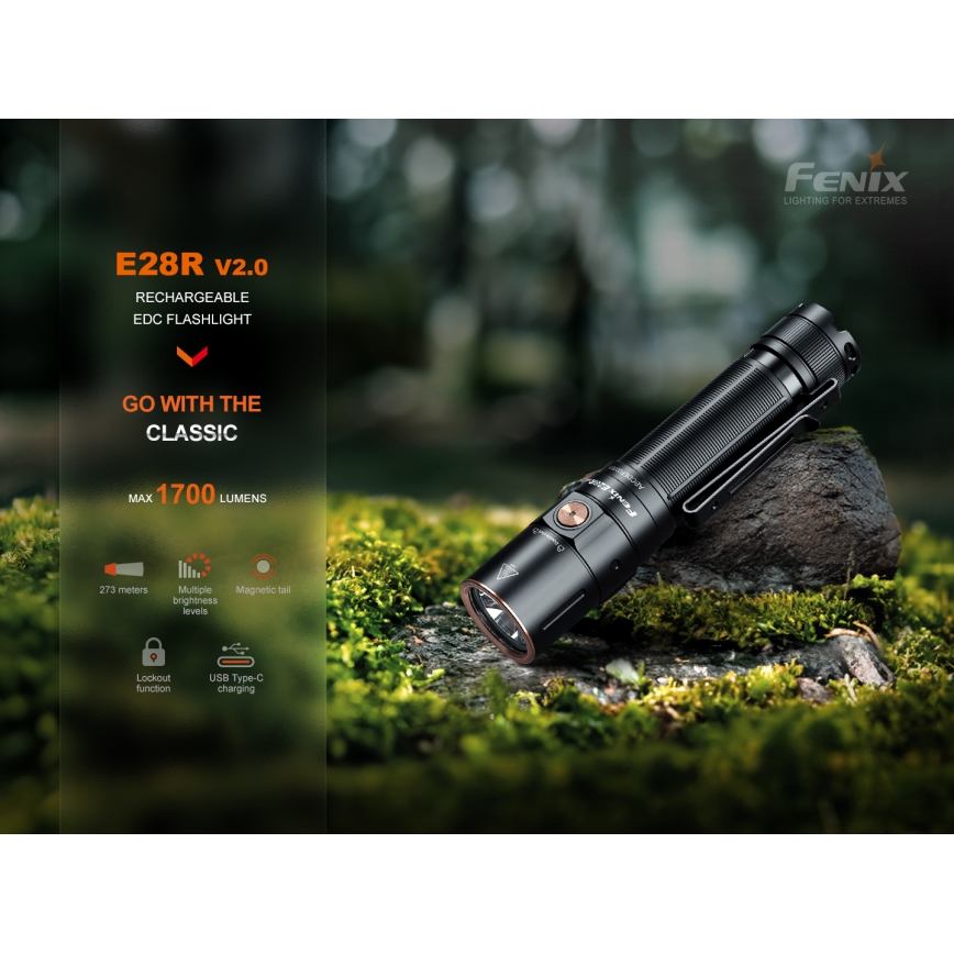 Fenix E28RV20 - Torcia elettrica ricaricabile LED dimmerabile LED/USB/2xCR123A IP68 1700 shiny 260 h 3400 mAh