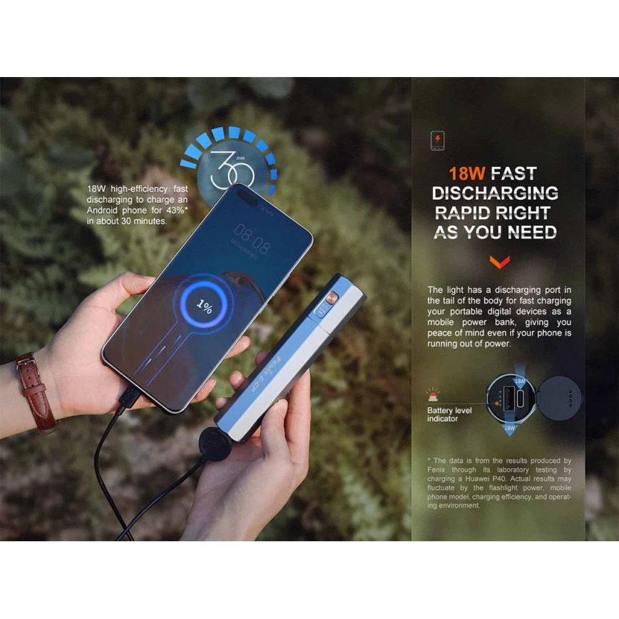 Fenix ECPBLCK - Torcia LED ricaricabile con power bank USB IP68 1600 lucente 504 h 5000 mAh nero