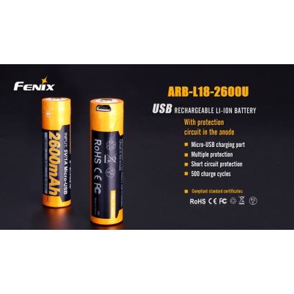 Fenix FE18650LI26USB - 1pz Batteria Ricaricabile USB/3,6V