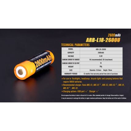 Fenix FE18650LI26USB - Batteria ricaricabile USB 3,6 V 2600 mAh, 1 pezzo