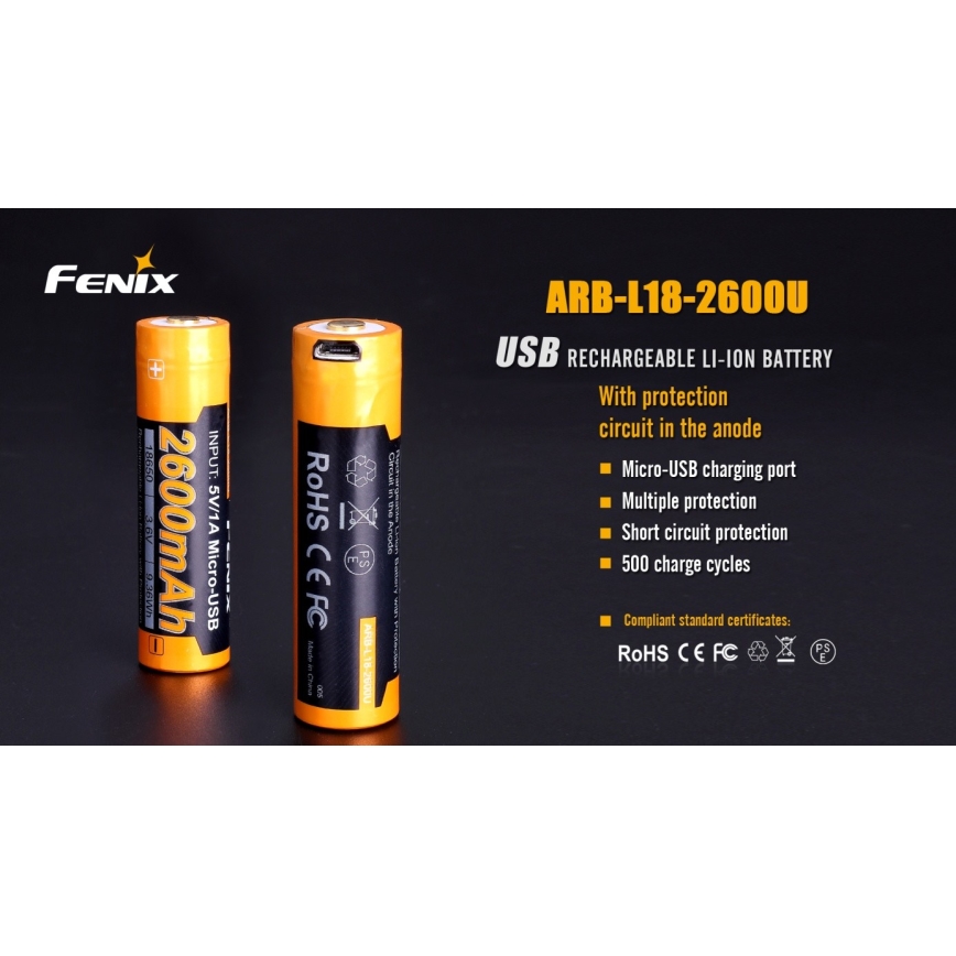 Fenix FE18650LI26USB - Batteria ricaricabile USB 3,6 V 2600 mAh, 1 pezzo