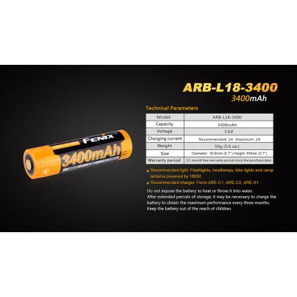 Fenix FE18650LI34 - 1 pezzo Batteria ricaricabile 18650/3,6V 3400 mAh
