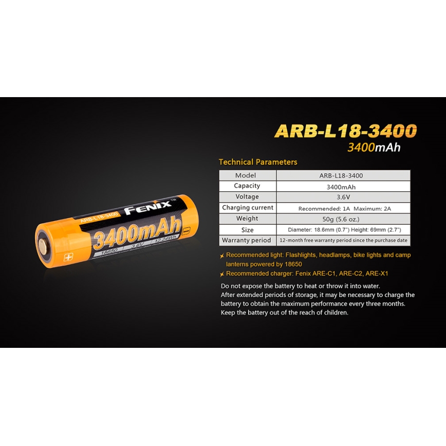 Fenix FE18650LI34 - 1 pezzo Batteria ricaricabile 18650/3,6V 3400 mAh