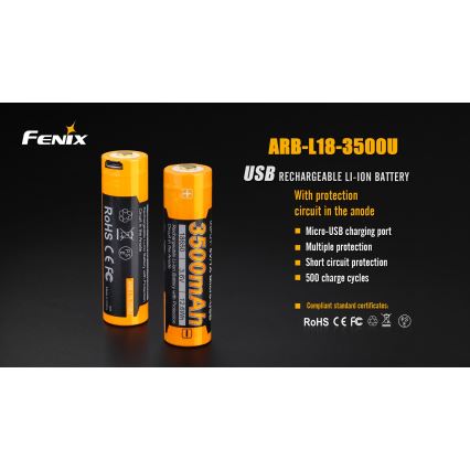 Fenix FE18650LI35USB - 1 pz Batteria ricaricabile USB, 3,6 V, 3500 mAh