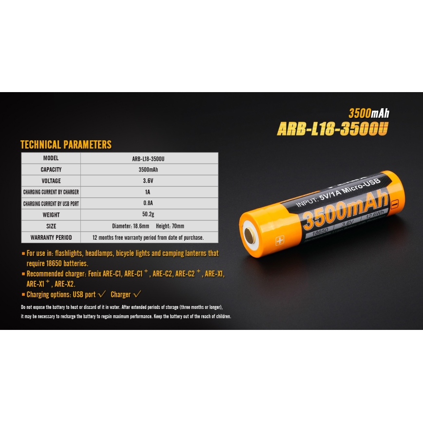 Fenix FE18650LI35USB - 1 pz Batteria ricaricabile USB, 3,6 V, 3500 mAh