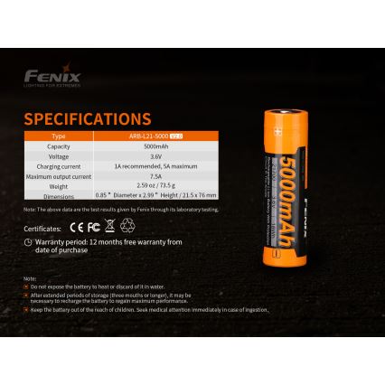 Fenix FE21700V20 - 1 pz Batteria ricaricabile 21700/3,6V 5000 mAh