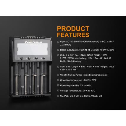 Fenix FENAREA4 - Caricabatterie 4xLi-ion/AAA/AA/C 5V