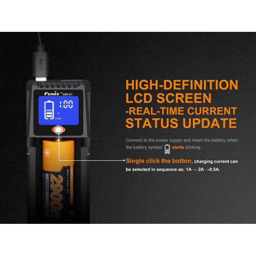 Fenix FENARED1 - Caricabatterie 1xLi-ion/AAA/AA/C 5V