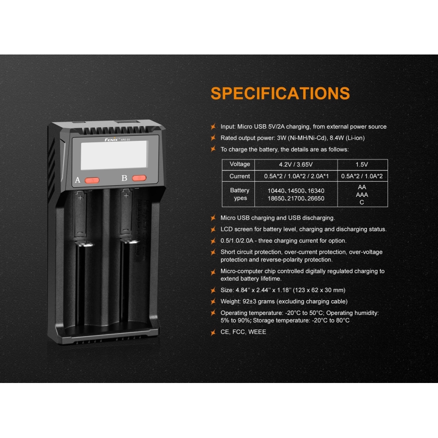 Fenix FENARED2 - Caricabatterie 2xLi-ion/AAA/AA/C 5V