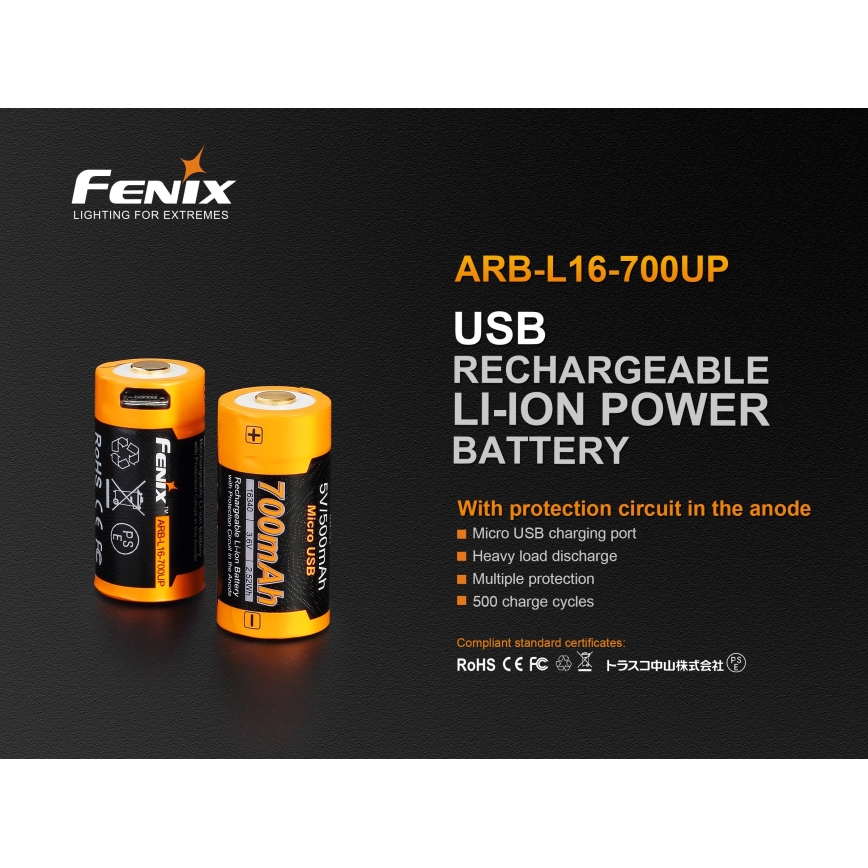 Fenix FERCR123ALIIONUP - 1 pezzo Batteria ricaricabile USB 3,6 V 700 mAh
