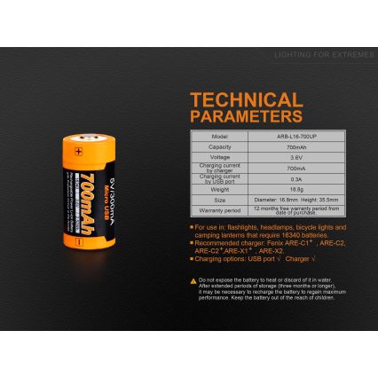 Fenix FERCR123ALIIONUP - 1 pezzo Batteria ricaricabile USB 3,6 V 700 mAh