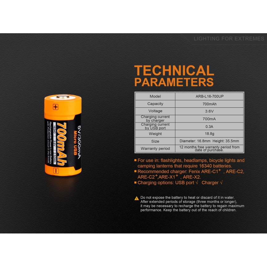 Fenix FERCR123ALIIONUP - 1 pezzo Batteria ricaricabile USB 3,6 V 700 mAh