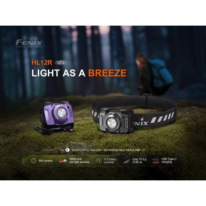 Fenix HL12RV20BLC - Lampada frontale ricaricabile a luminosità regolabile LED/USB 950 mAh IP66 500 lm 112 h nera