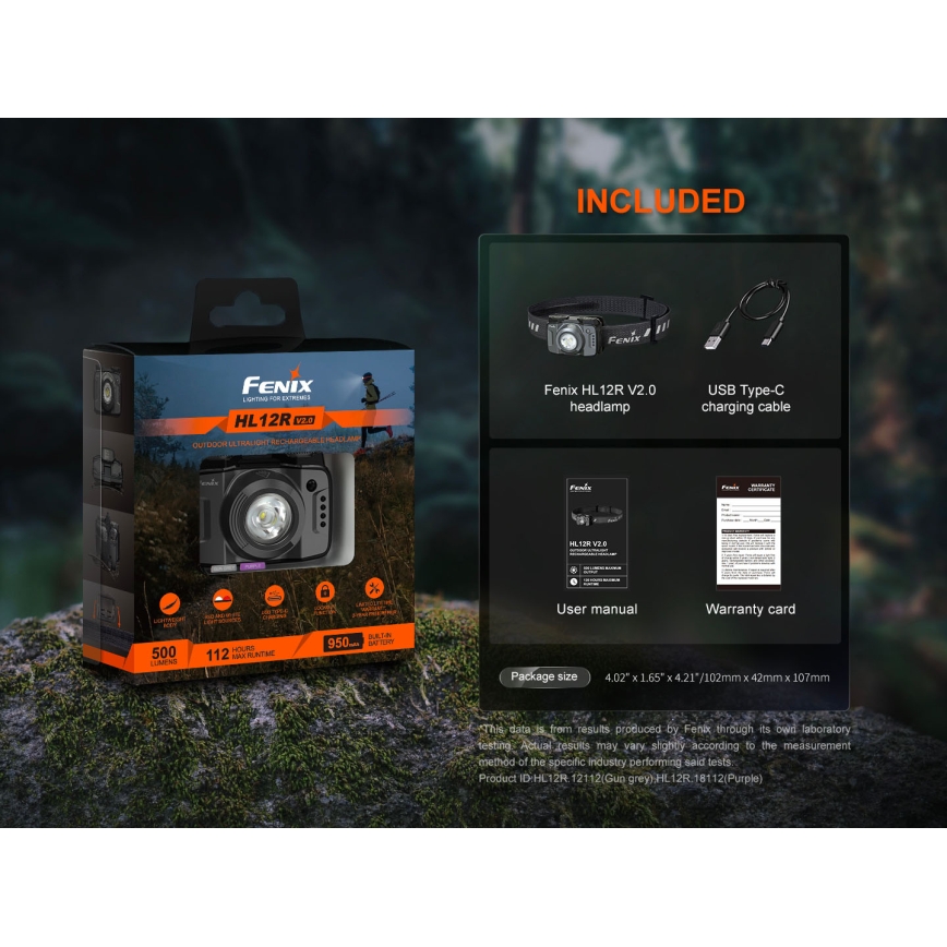 Fenix HL12RV20BLC - Lampada frontale ricaricabile a luminosità regolabile LED/USB 950 mAh IP66 500 lm 112 h nera
