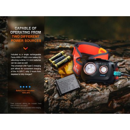 Fenix HL32RTRED - Lampada frontale LED ricaricabile LED/USB/3xAAA IP66 800 lm 300 h rosso/arancione