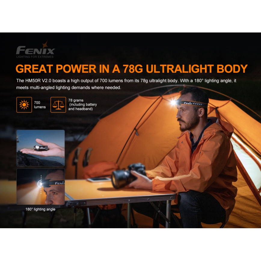 Fenix HM50RV20 - Lampada frontale LED ricaricabile 3xLED/USB/1xCR123A IP68 700 lucente 120 h 700 mAh