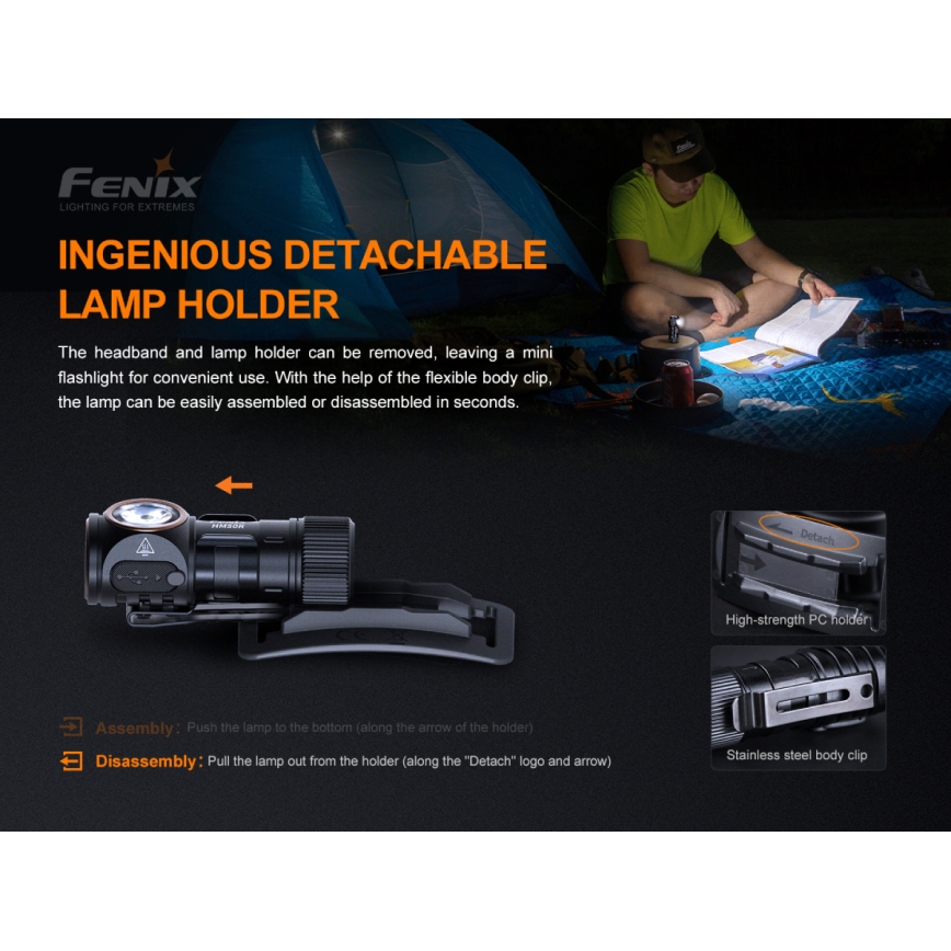 Fenix HM50RV20 - Lampada frontale LED ricaricabile 3xLED/USB/1xCR123A IP68 700 lucente 120 h 700 mAh