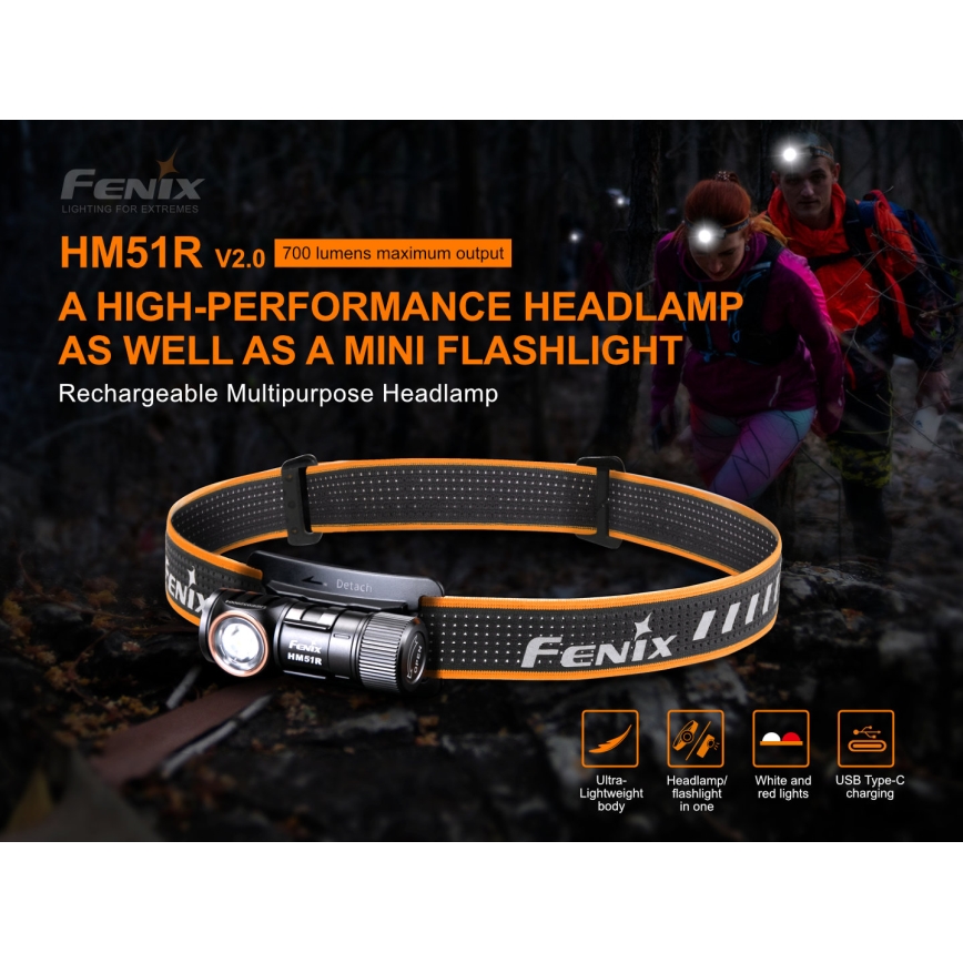Fenix HM51RV20 - Lampada frontale LED ricaricabile 3xLED/1xCR123A/USB IP68 700 lucente 120 h 700 m