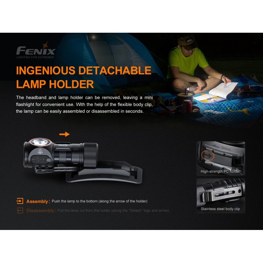 Fenix HM51RV20 - Lampada frontale LED ricaricabile 3xLED/1xCR123A/USB IP68 700 lucente 120 h 700 m