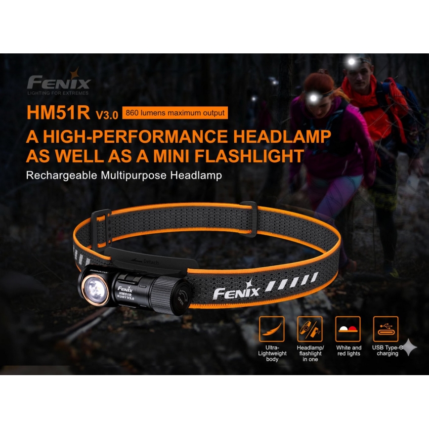 Fenix HM51RV30 - Lampada frontale ricaricabile a LED a intensità regolabile LED/USB/1xCR123A 950 mAh IP68 860 lm 125 h arancione