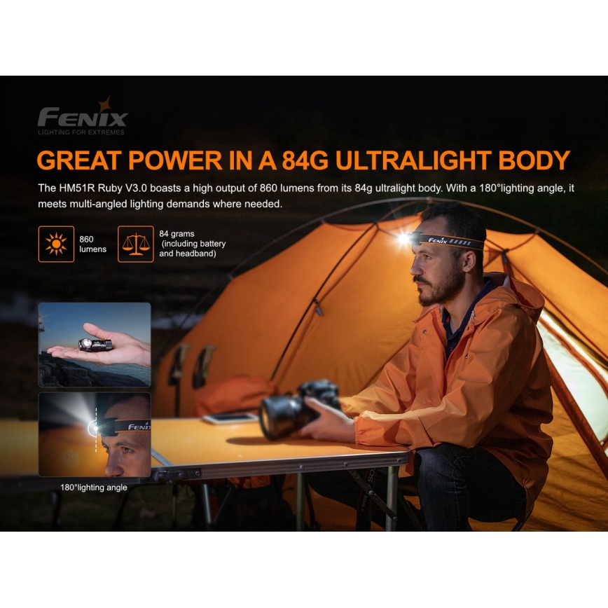 Fenix HM51RV30 - Lampada frontale ricaricabile a LED a intensità regolabile LED/USB/1xCR123A 950 mAh IP68 860 lm 125 h arancione