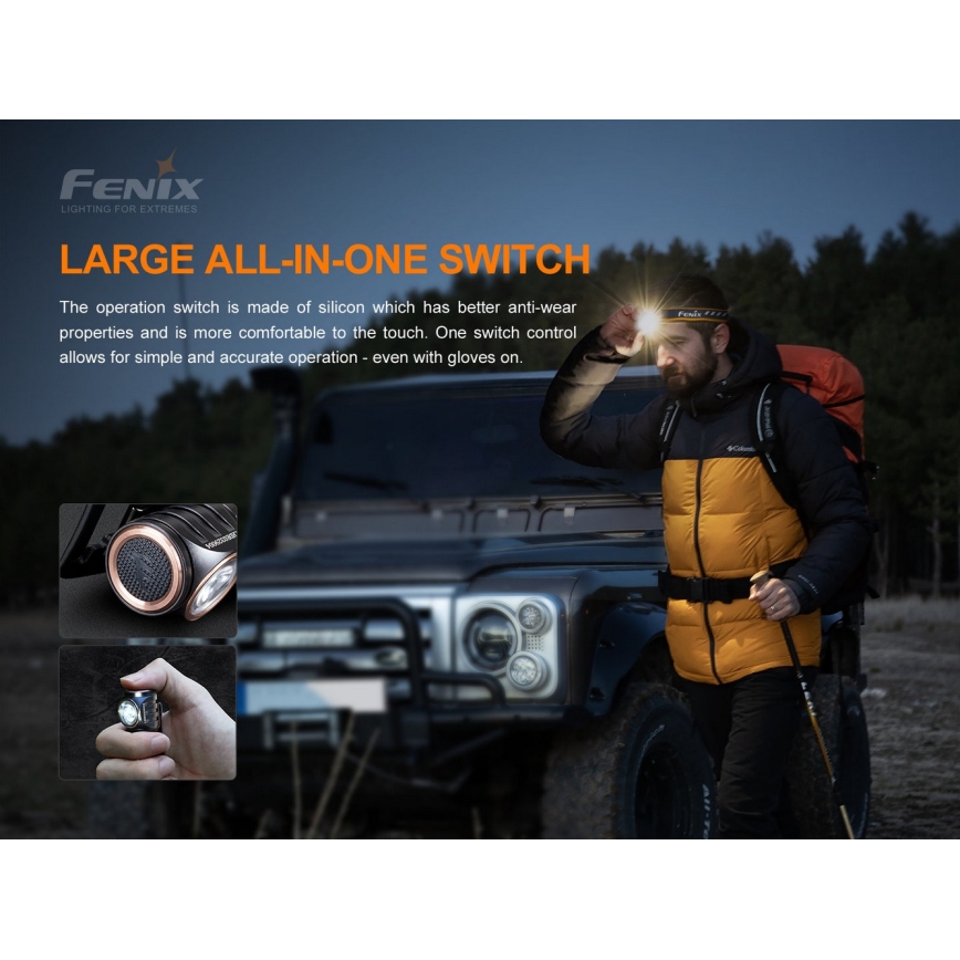 Fenix HM51RV30 - Lampada frontale ricaricabile a LED a intensità regolabile LED/USB/1xCR123A 950 mAh IP68 860 lm 125 h arancione