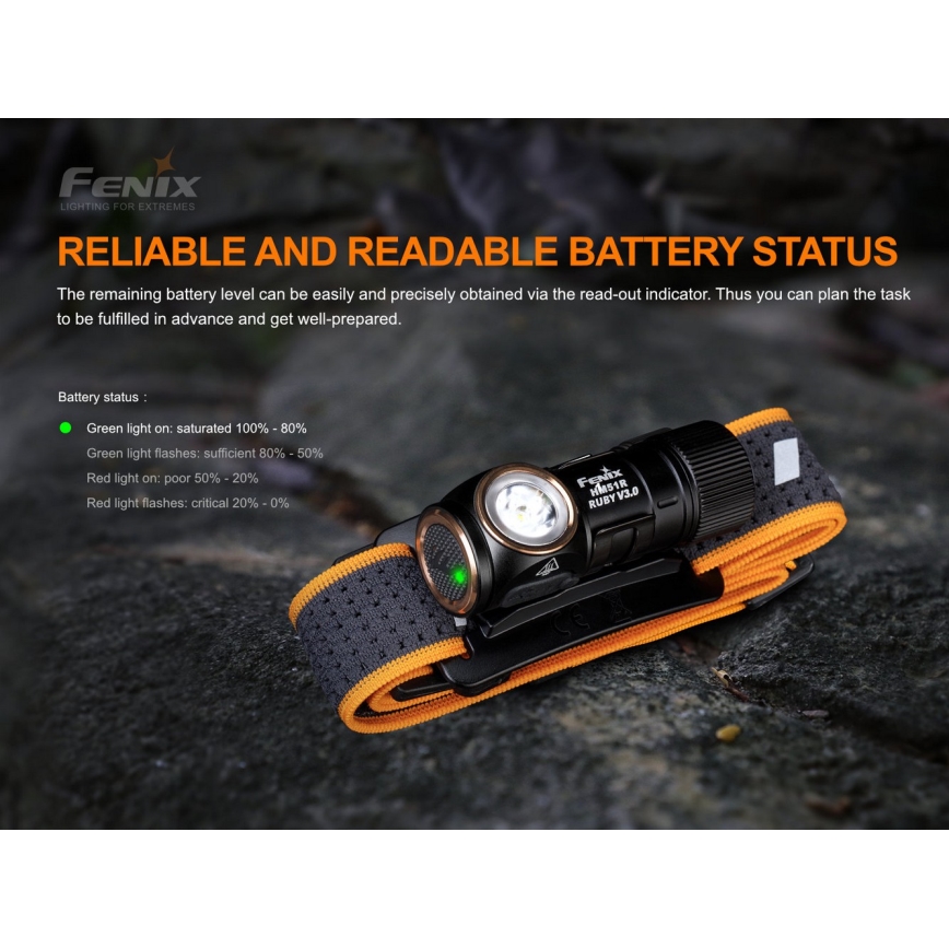 Fenix HM51RV30 - Lampada frontale ricaricabile a LED a intensità regolabile LED/USB/1xCR123A 950 mAh IP68 860 lm 125 h arancione