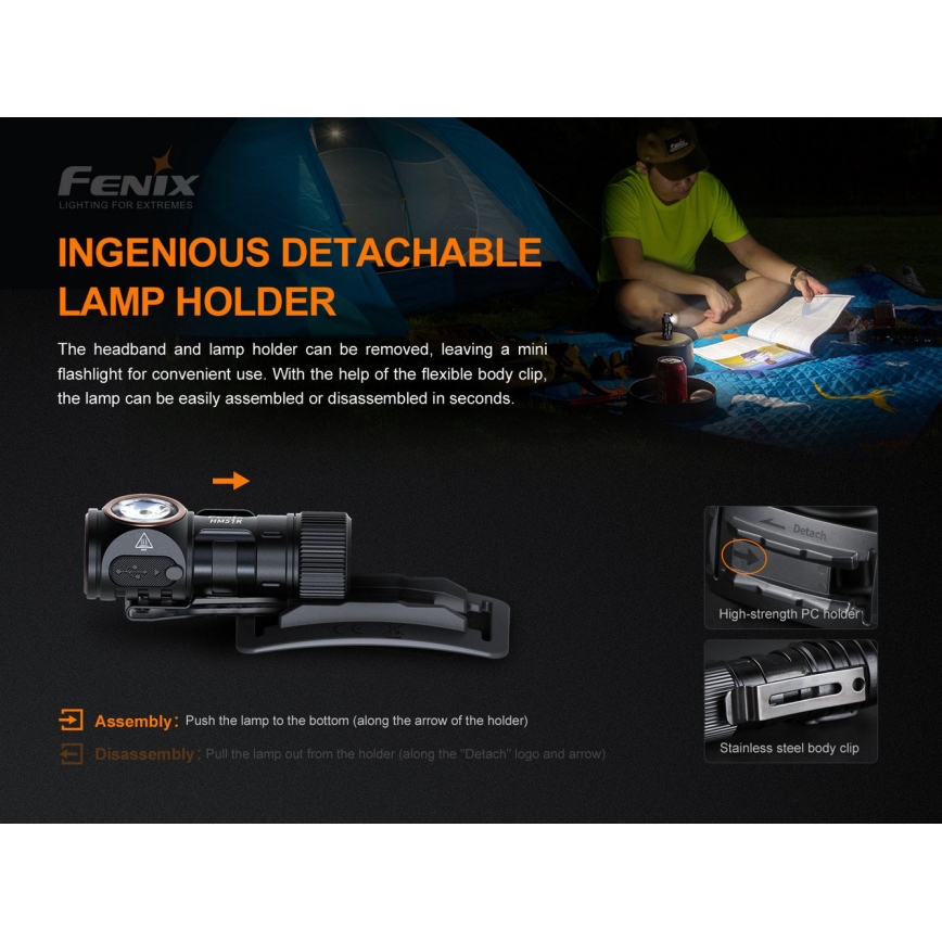 Fenix HM51RV3ABL - Lampada frontale ricaricabile a LED con intensità regolabile LED/USB/1xCR123A 950 mAh IP68 860 lm 125 h nera