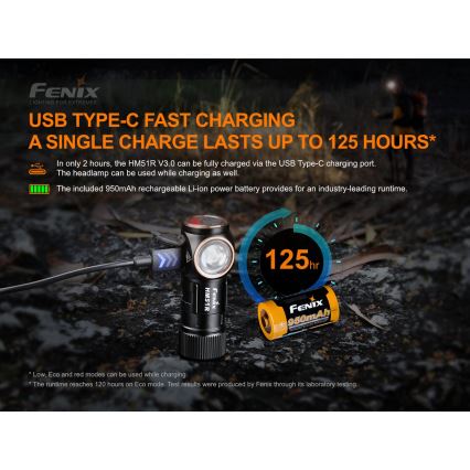 Fenix HM51RV3ABL - Lampada frontale ricaricabile a LED con intensità regolabile LED/USB/1xCR123A 950 mAh IP68 860 lm 125 h nera