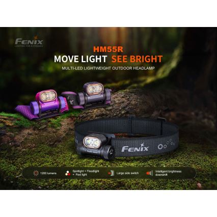 Fenix HM55RPRP - Lampada frontale ricaricabile a LED a intensità regolabile LED/USB/1xCR123A 1600 mAh IP68 1200 lm 141,2 h viola/nero
