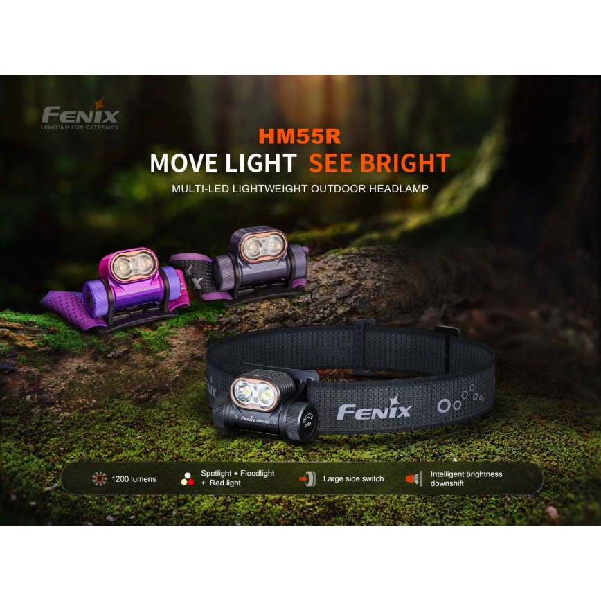 Fenix HM55RPRP - Lampada frontale ricaricabile a LED a intensità regolabile LED/USB/1xCR123A 1600 mAh IP68 1200 lm 141,2 h viola/nero
