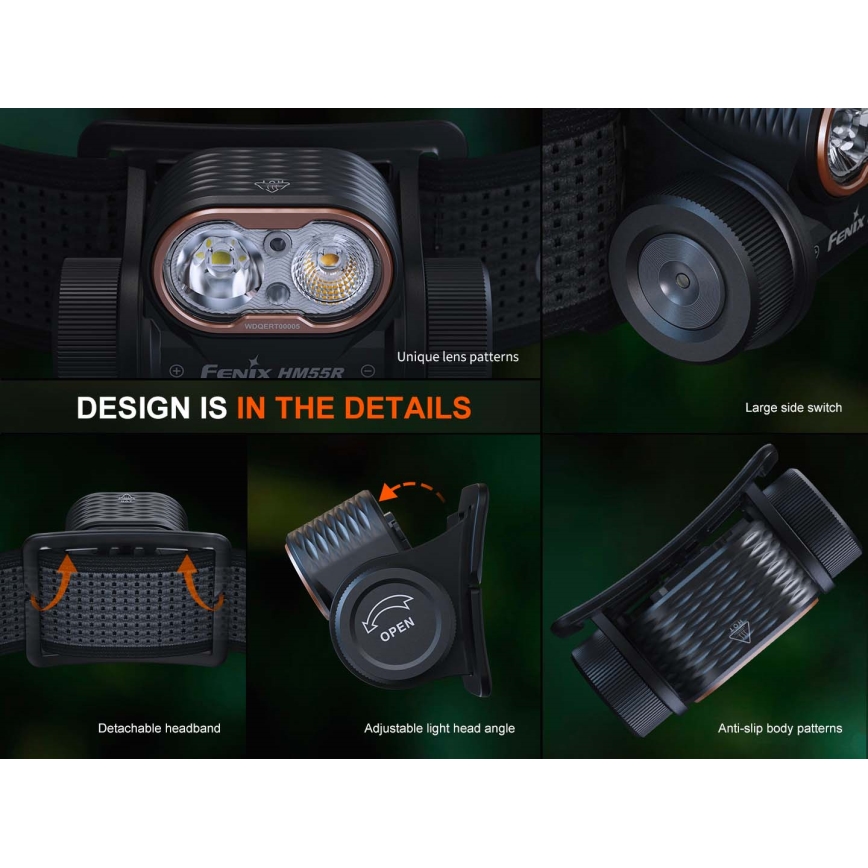 Fenix HM55RPRP - Lampada frontale ricaricabile a LED a intensità regolabile LED/USB/1xCR123A 1600 mAh IP68 1200 lm 141,2 h viola/nero