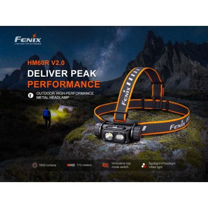 Fenix HM60RV20 - Lampada frontale ricaricabile a LED dimmerabile USB 4000 mAh IP68 1600 lm 292 ore arancione