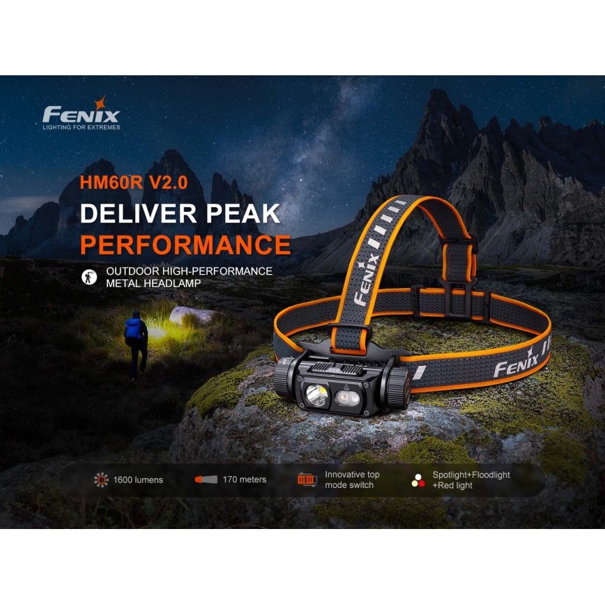Fenix HM60RV20 - Lampada frontale ricaricabile a LED dimmerabile USB 4000 mAh IP68 1600 lm 292 ore arancione