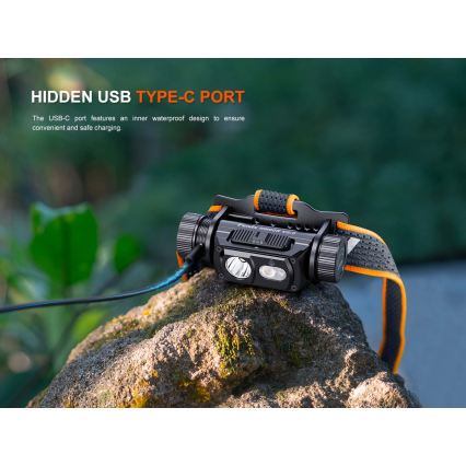 Fenix HM60RV20 - Lampada frontale ricaricabile a LED dimmerabile USB 4000 mAh IP68 1600 lm 292 ore arancione