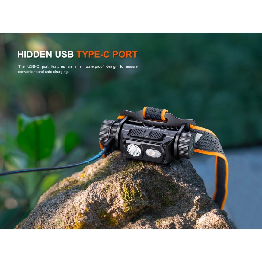 Fenix HM60RV20 - Lampada frontale ricaricabile a LED dimmerabile USB 4000 mAh IP68 1600 lm 292 ore arancione