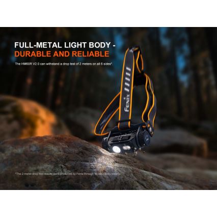 Fenix HM60RV20 - Lampada frontale ricaricabile a LED dimmerabile USB 4000 mAh IP68 1600 lm 292 ore arancione