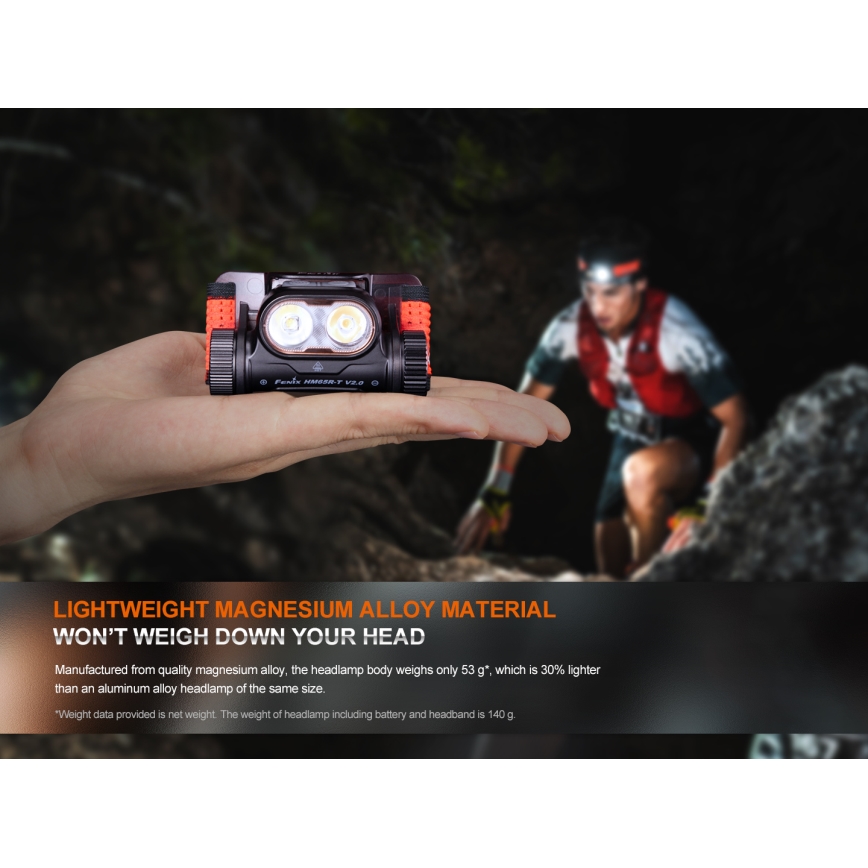 Fenix HM65RTV20BLC- LED Dimmerabile ricaricabile lampada da testa LED/USB/2xCR123A IP68 3400 mAh nero/arancione
